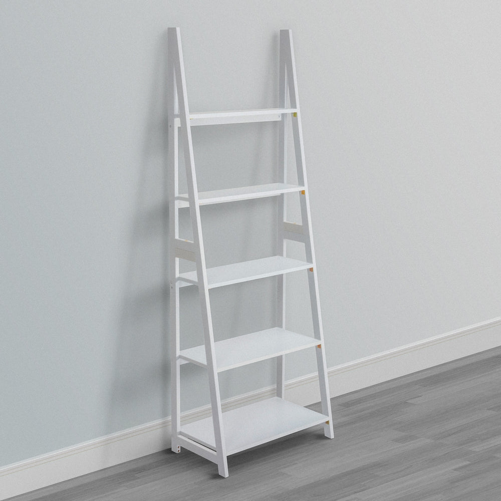 70 Inch Solid Wood Ladder Bookshelf 5 Tier Storage A Shape Frame White By The Urban Port UPT-266386