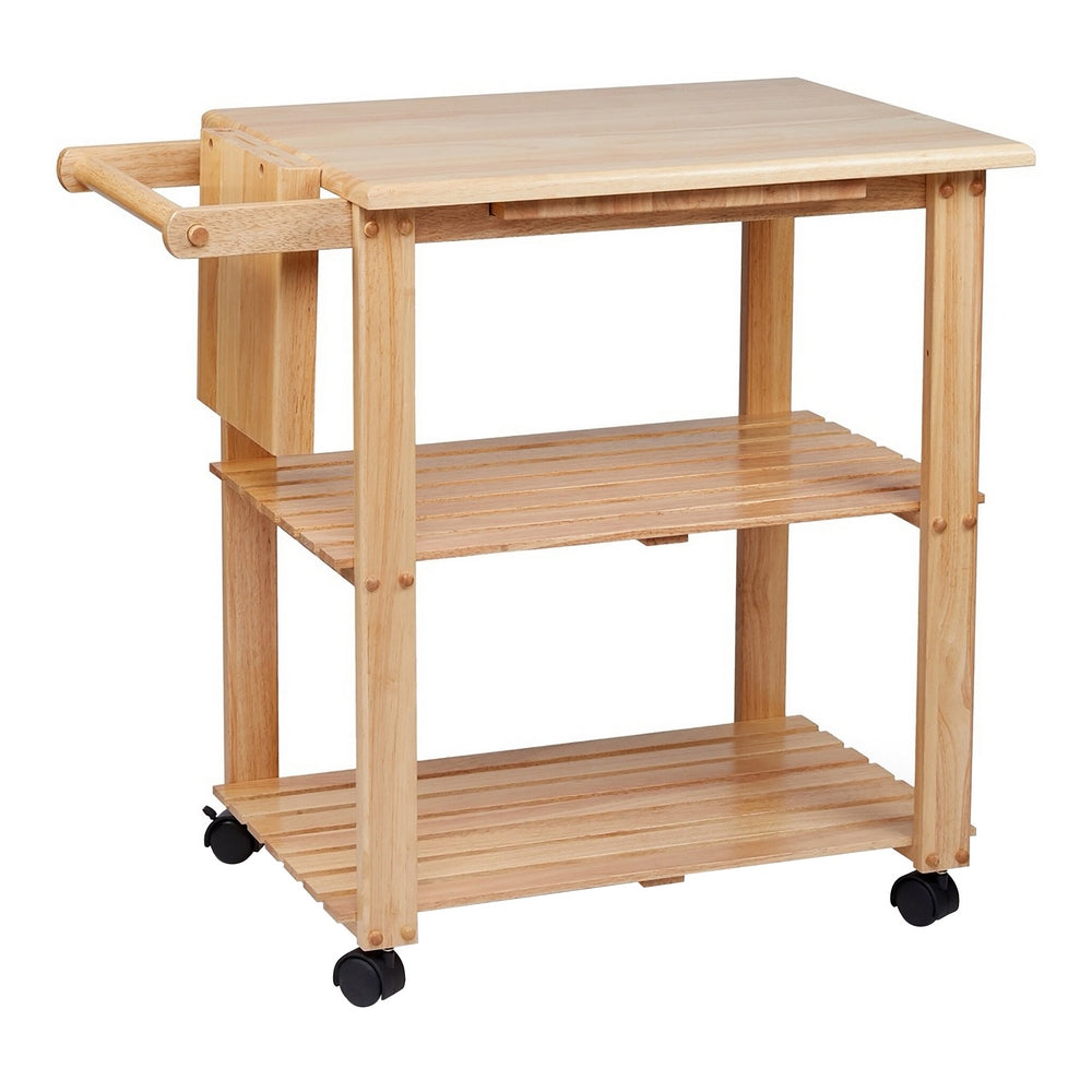 34 Inch Rubberwood Kitchen Cart 2 Open Shelves Knife Holder Cutting Board Oak Brown By The Urban Port UPT-266388