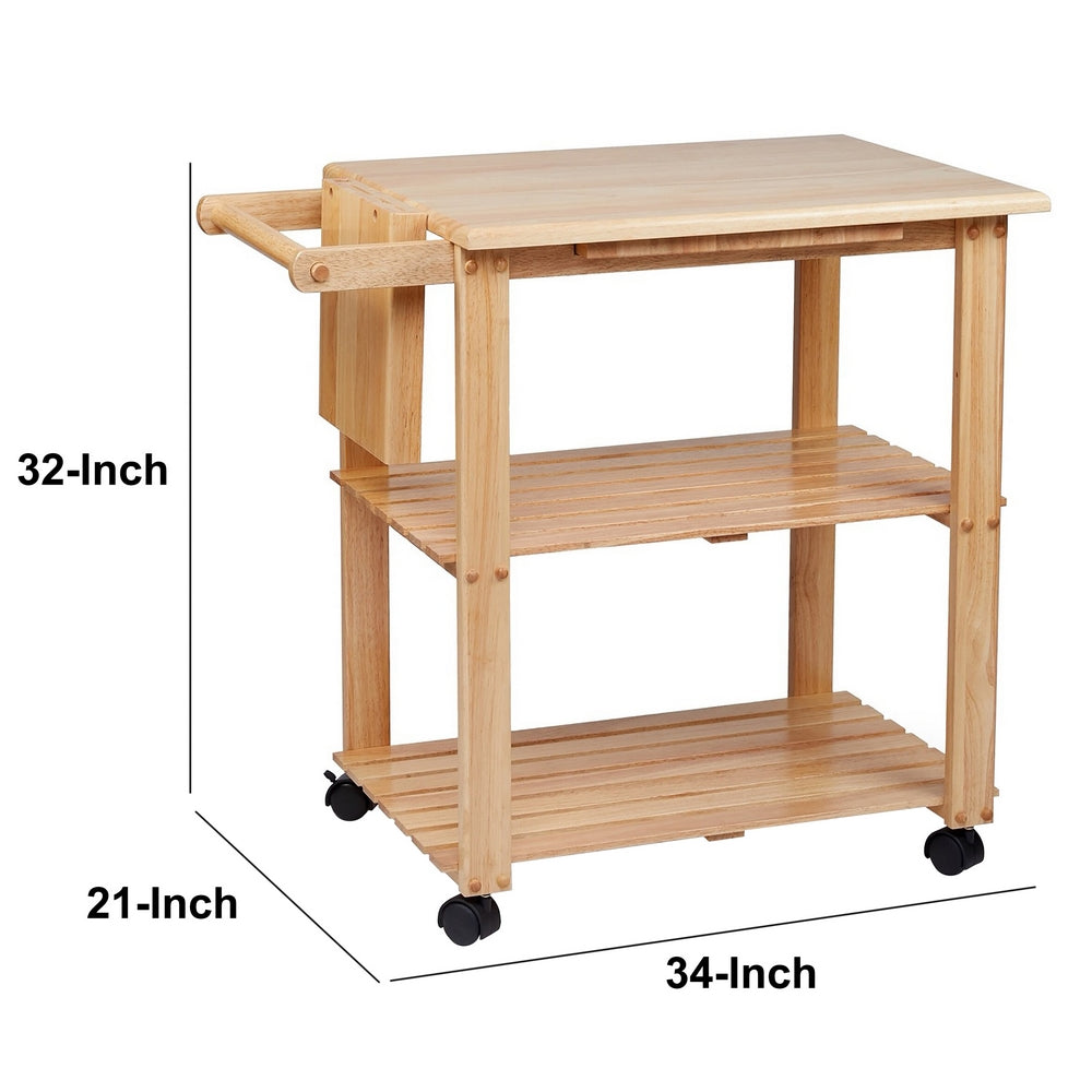 34 Inch Rubberwood Kitchen Cart 2 Open Shelves Knife Holder Cutting Board Oak Brown By The Urban Port UPT-266388