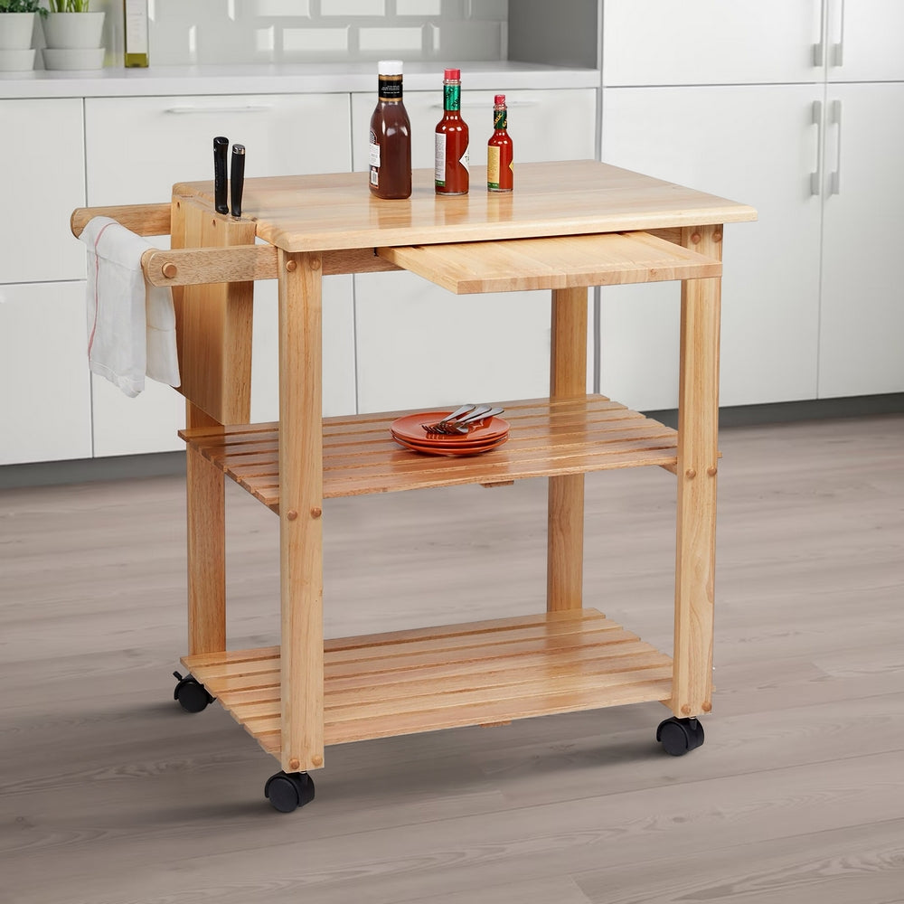 34 Inch Rubberwood Kitchen Cart 2 Open Shelves Knife Holder Cutting Board Oak Brown By The Urban Port UPT-266388