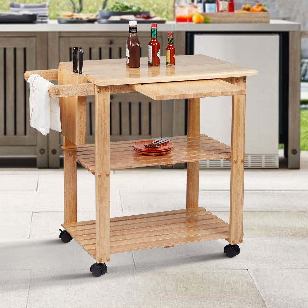 34 Inch Rubberwood Kitchen Cart, 2 Open Shelves, Knife Holder, Cutting Board, Oak Brown By The Urban Port