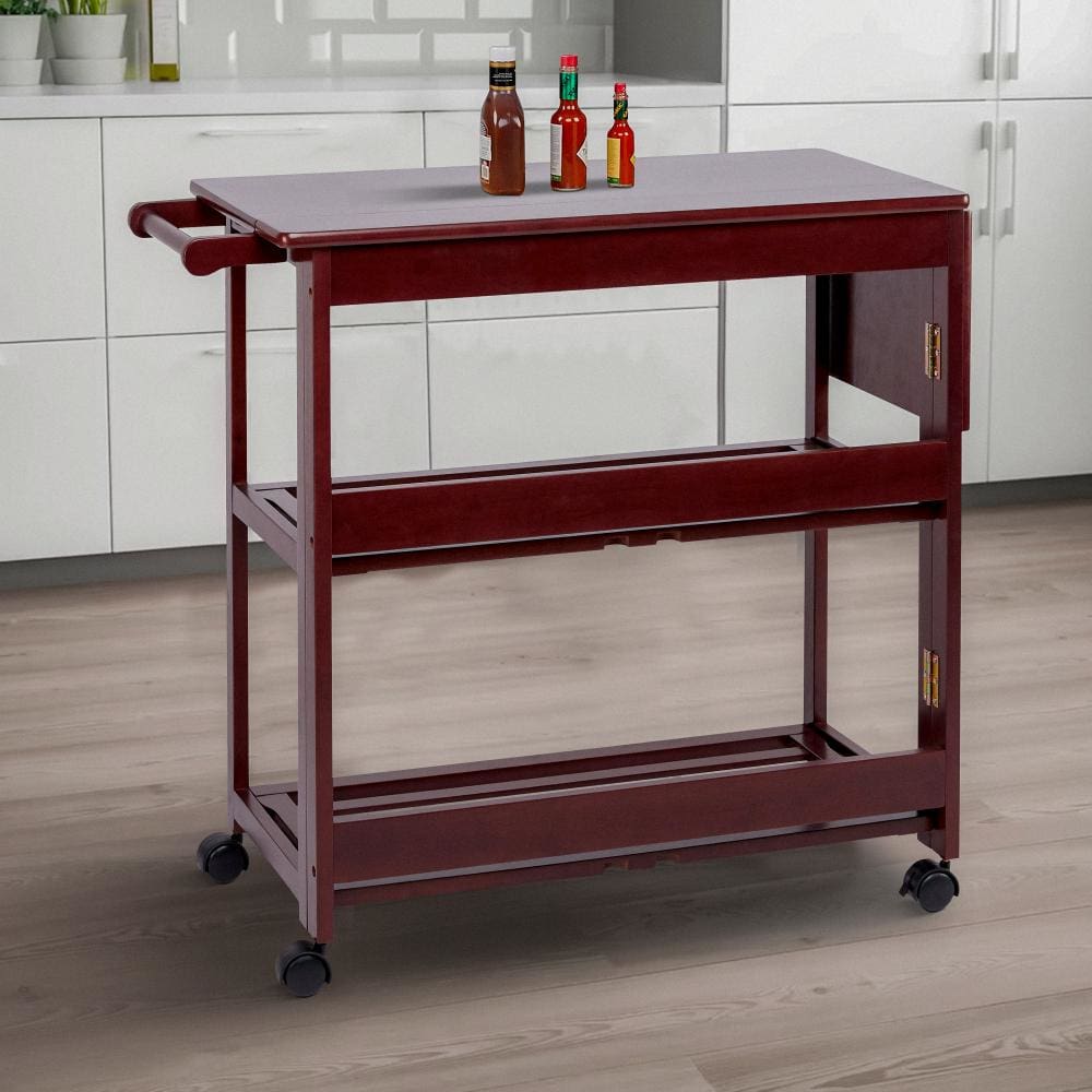 38 Inch Rubberwood Kitchen Cart Knife Holder Folding Frame 2 Open Shelves Brown By The Urban Port UPT-266389