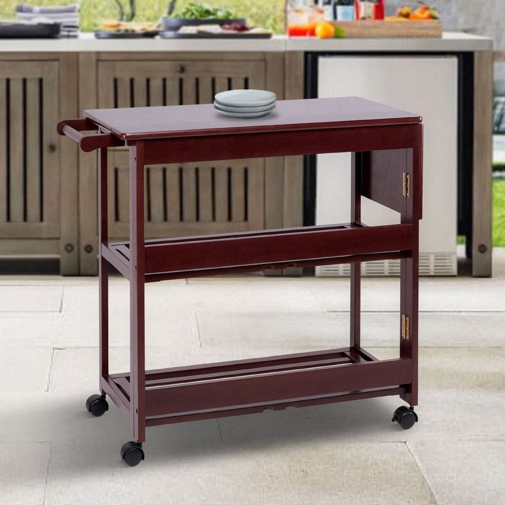 38 Inch Rubberwood Kitchen Cart, Knife Holder, Folding Frame, 2 Open Shelves, Brown By The Urban Port