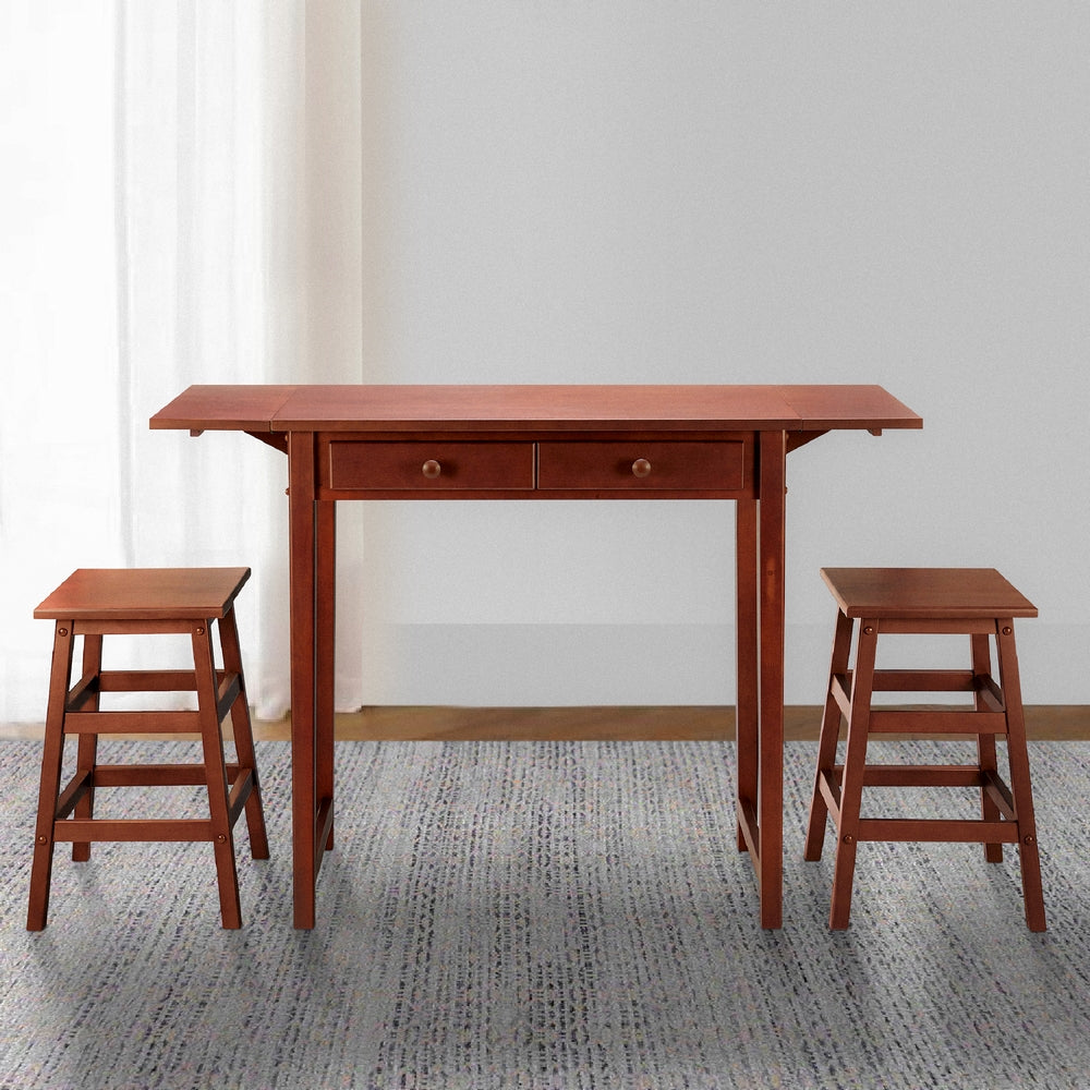 3 Piece Breakfast Table Set with Double Drop Leaf and Wooden Seating Walnut Brown By The Urban Port UPT-266391