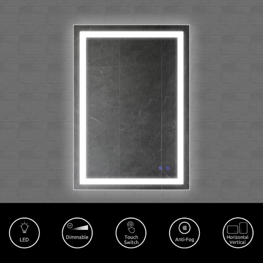 24 x 36 Inch Frameless LED Illuminated Bathroom Wall Mirror Touch Button Defogger Rectangular Metal Silver By The Urban Port UPT-266395