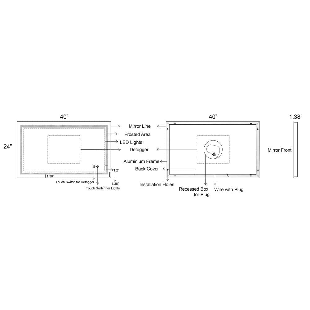 40 x 24 Inch Frameless LED Illuminated Bathroom Wall Mirror Touch Button Defogger Rectangular Silver By The Urban Port UPT-266396