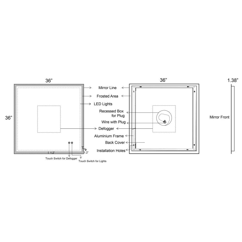 36 x 36 Inch Frameless LED Illuminated Bathroom Wall Mirror Touch Button Defogger Square Silver By The Urban Port UPT-266397