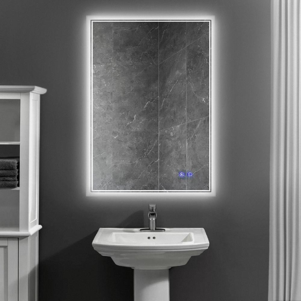 24 x 36 Inch Frameless LED Illuminated Bathroom Wall Mirror Touch Button Defogger Metal Silver By The Urban Port UPT-266398