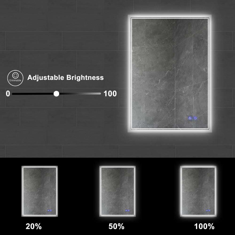 24 x 36 Inch Frameless LED Illuminated Bathroom Wall Mirror Touch Button Defogger Metal Silver By The Urban Port UPT-266398