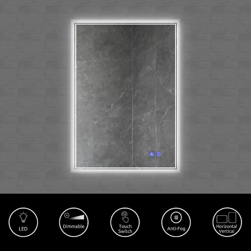 24 x 36 Inch Frameless LED Illuminated Bathroom Wall Mirror Touch Button Defogger Metal Silver By The Urban Port UPT-266398