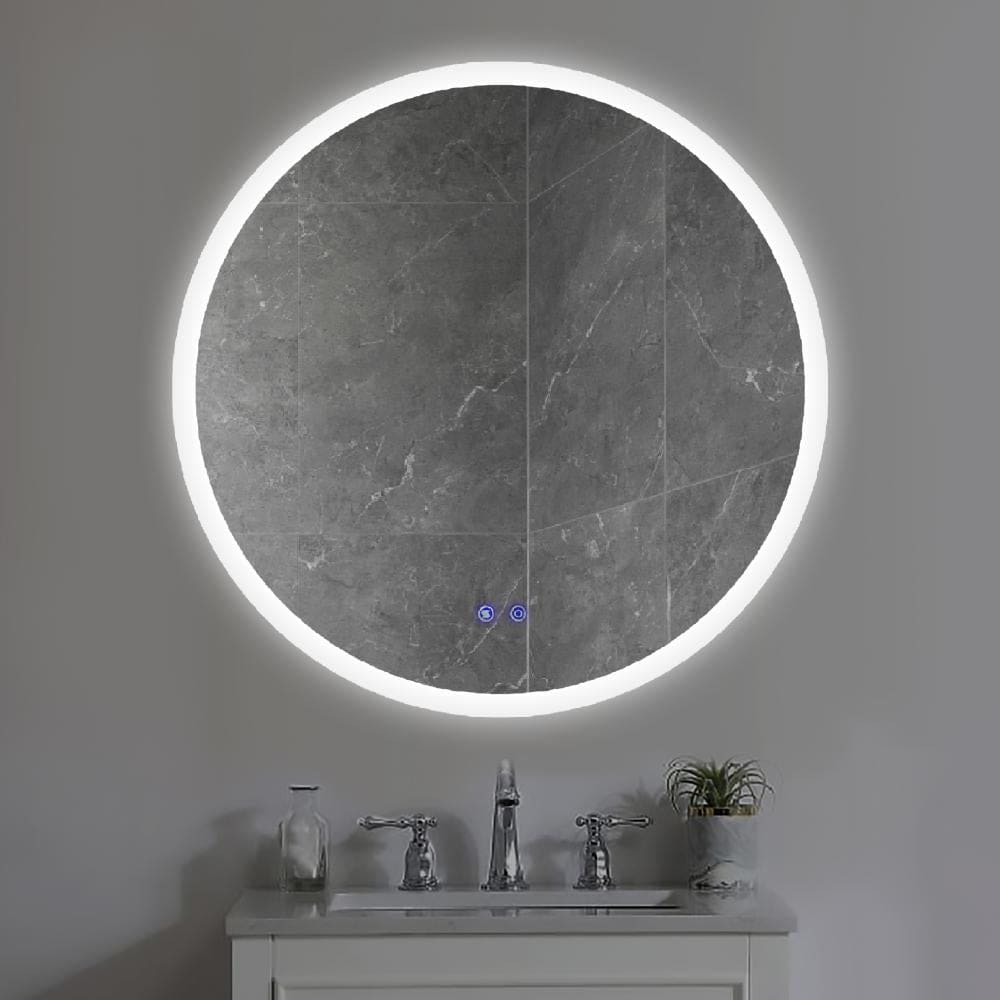 32 x 32 Inch Round Frameless LED Illuminated Bathroom Mirror Touch Button Defogger Metal Silver By The Urban Port UPT-266400