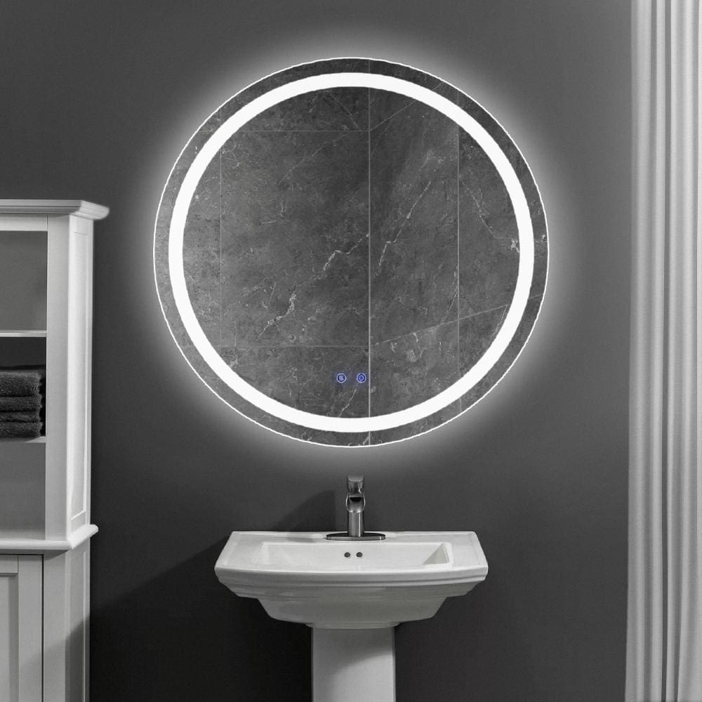 32 x 32 Inch Round Frameless LED Illuminated Bathroom Mirror Touch Button Defogger Metal Frosted Edges Silver By The Urban Port UPT-266401