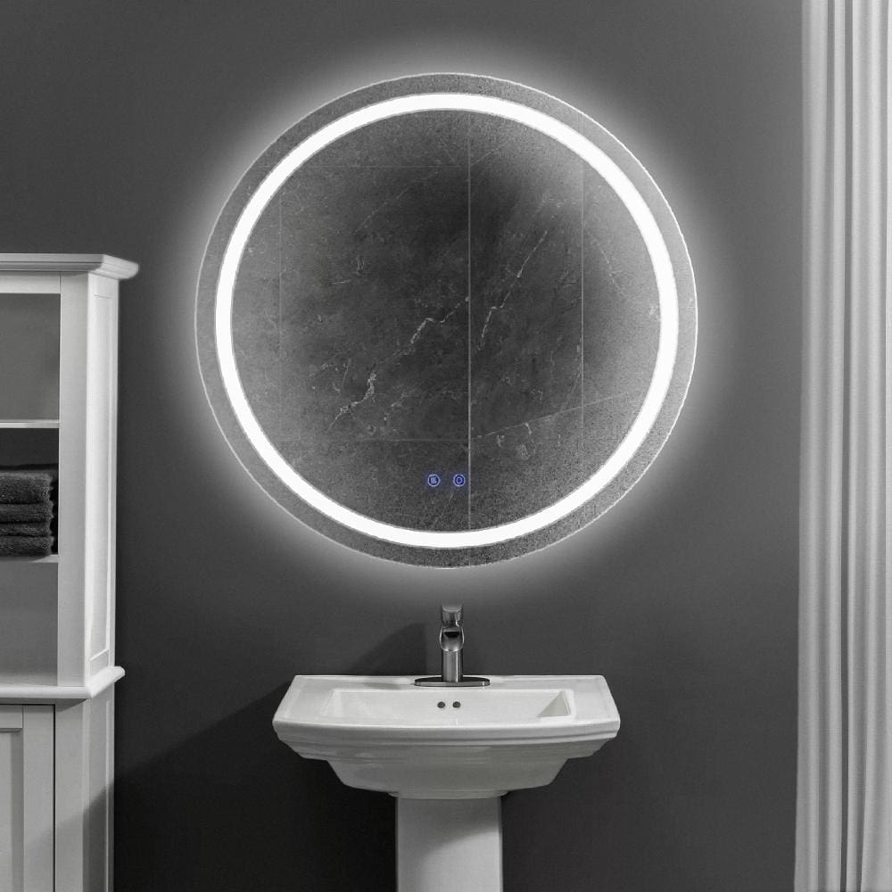 32 x 32 Inch Round Frameless LED Illuminated Bathroom Mirror Touch Button Defogger Metal Frosted Edges Silver By The Urban Port UPT-266401