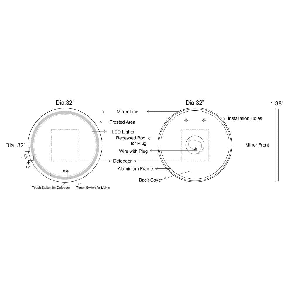 32 x 32 Inch Round Frameless LED Illuminated Bathroom Mirror Touch Button Defogger Metal Frosted Edges Silver By The Urban Port UPT-266401