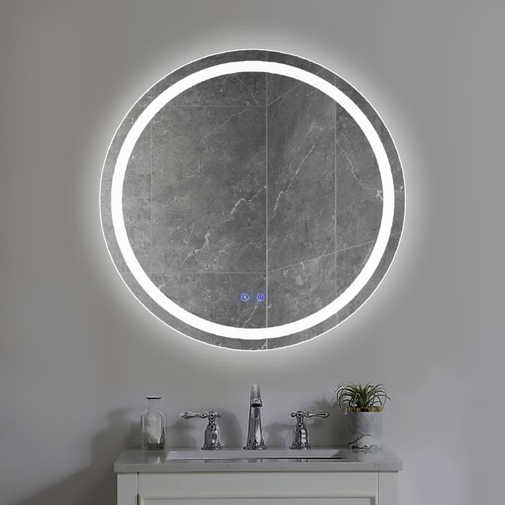 32 x 32 Inch Round Frameless LED Illuminated Bathroom Mirror Touch Button Defogger Metal Frosted Edges Silver By The Urban Port UPT-266401