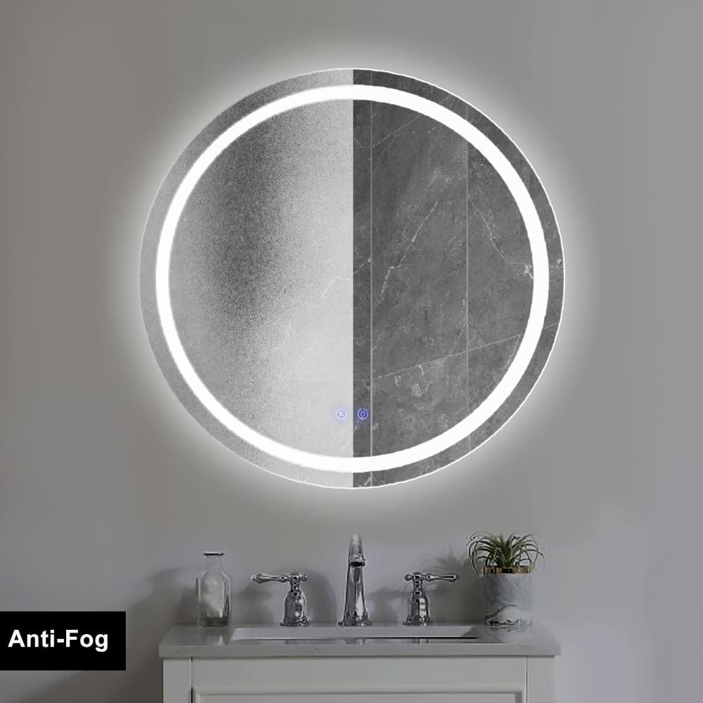 32 x 32 Inch Round Frameless LED Illuminated Bathroom Mirror Touch Button Defogger Metal Frosted Edges Silver By The Urban Port UPT-266401