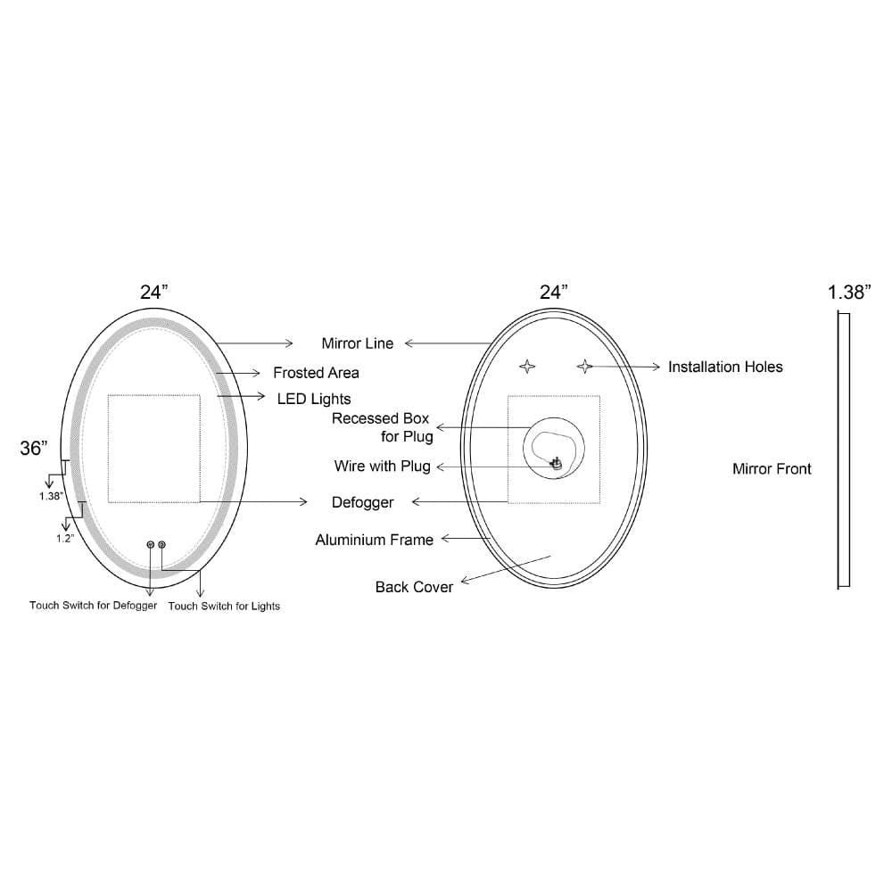 24 x 36 Inch Oval Frameless LED Illuminated Bathroom Mirror Touch Button Defogger Metal Frosted Edge Silver By The Urban Port UPT-266402