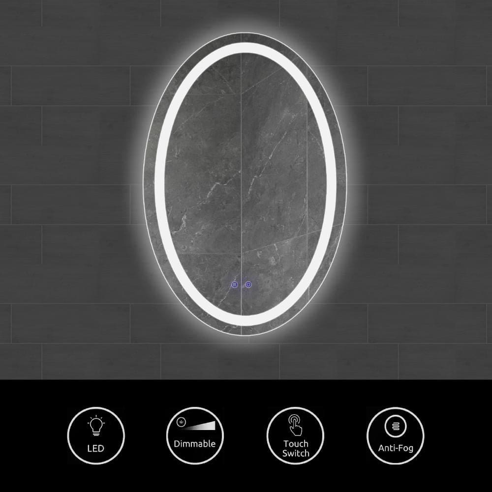 24 x 36 Inch Oval Frameless LED Illuminated Bathroom Mirror Touch Button Defogger Metal Frosted Edge Silver By The Urban Port UPT-266402