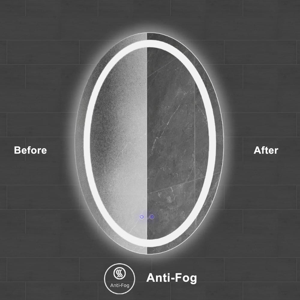 24 x 36 Inch Oval Frameless LED Illuminated Bathroom Mirror Touch Button Defogger Metal Frosted Edge Silver By The Urban Port UPT-266402