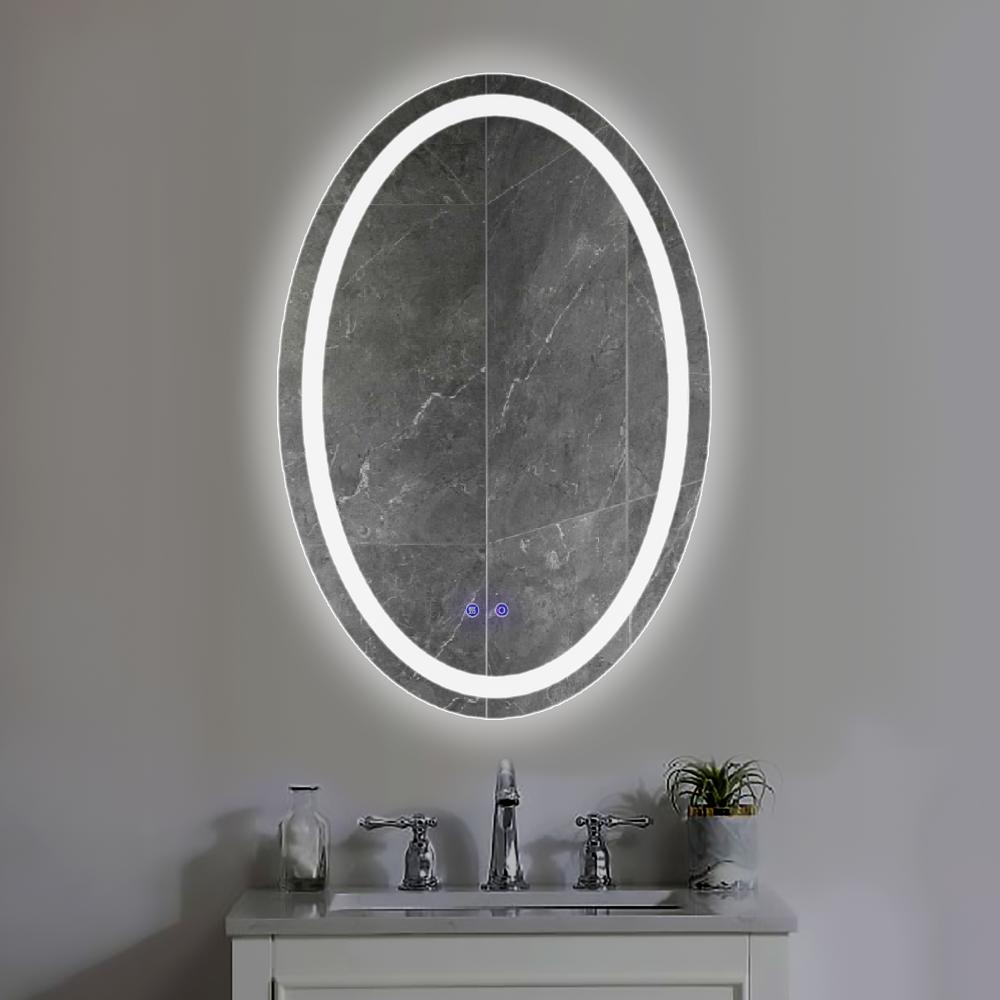 24 x 36 Inch Oval Frameless LED Illuminated Bathroom Mirror Touch Button Defogger Metal Frosted Edge Silver By The Urban Port UPT-266402