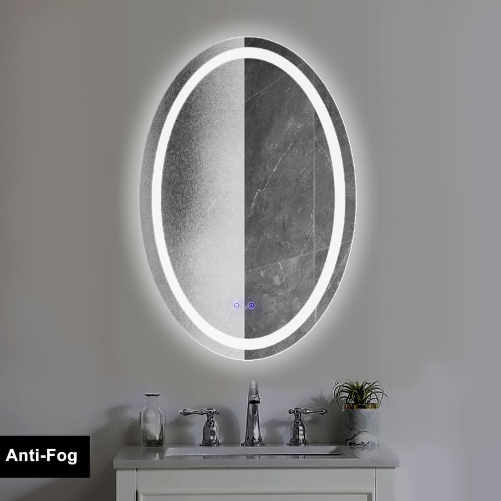 24 x 36 Inch Oval Frameless LED Illuminated Bathroom Mirror Touch Button Defogger Metal Frosted Edge Silver By The Urban Port UPT-266402