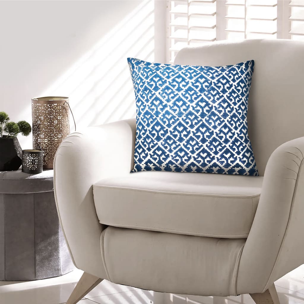 18 x 18 Square Accent Pillow Printed Trellis Pattern Knife Edge Soft Cotton Cover Blue White By The Urban Port UPT-268968