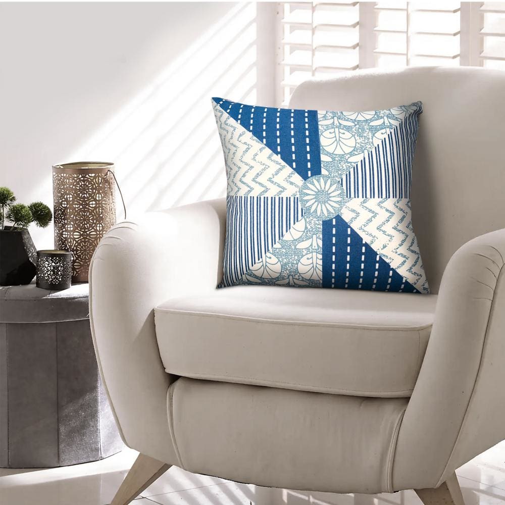 18 x 18 Square Accent Pillow Geometric Pattern Soft Cotton Cover Polyester Filler Blue White By The Urban Port UPT-268970