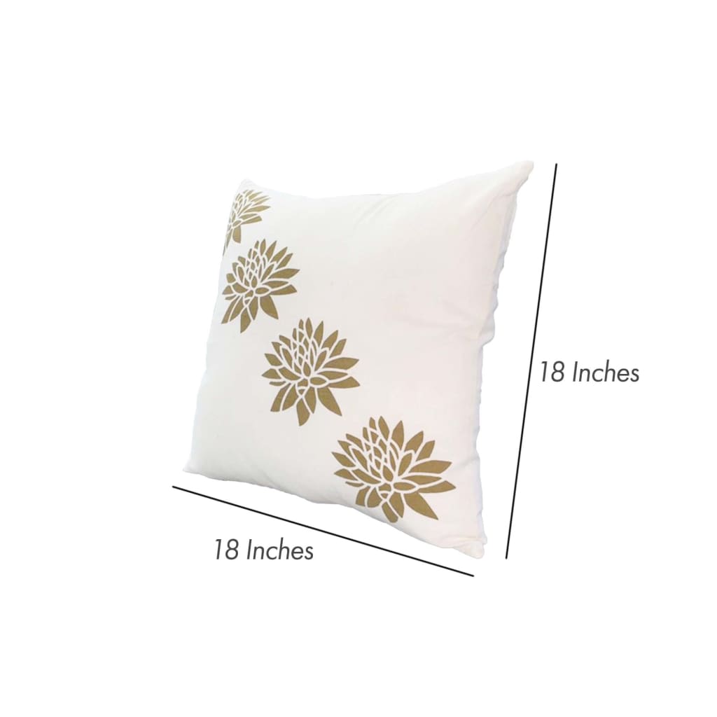 18 x 18 Square Accent Pillow Soft Cotton Cover Printed Lotus Flower Polyester Filler Gold White By The Urban Port UPT-268971