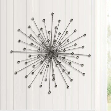 28 Inch Round Iron Sunburst Wall Decor Spokes Ball Accent Silver By The Urban Port UPT-270547