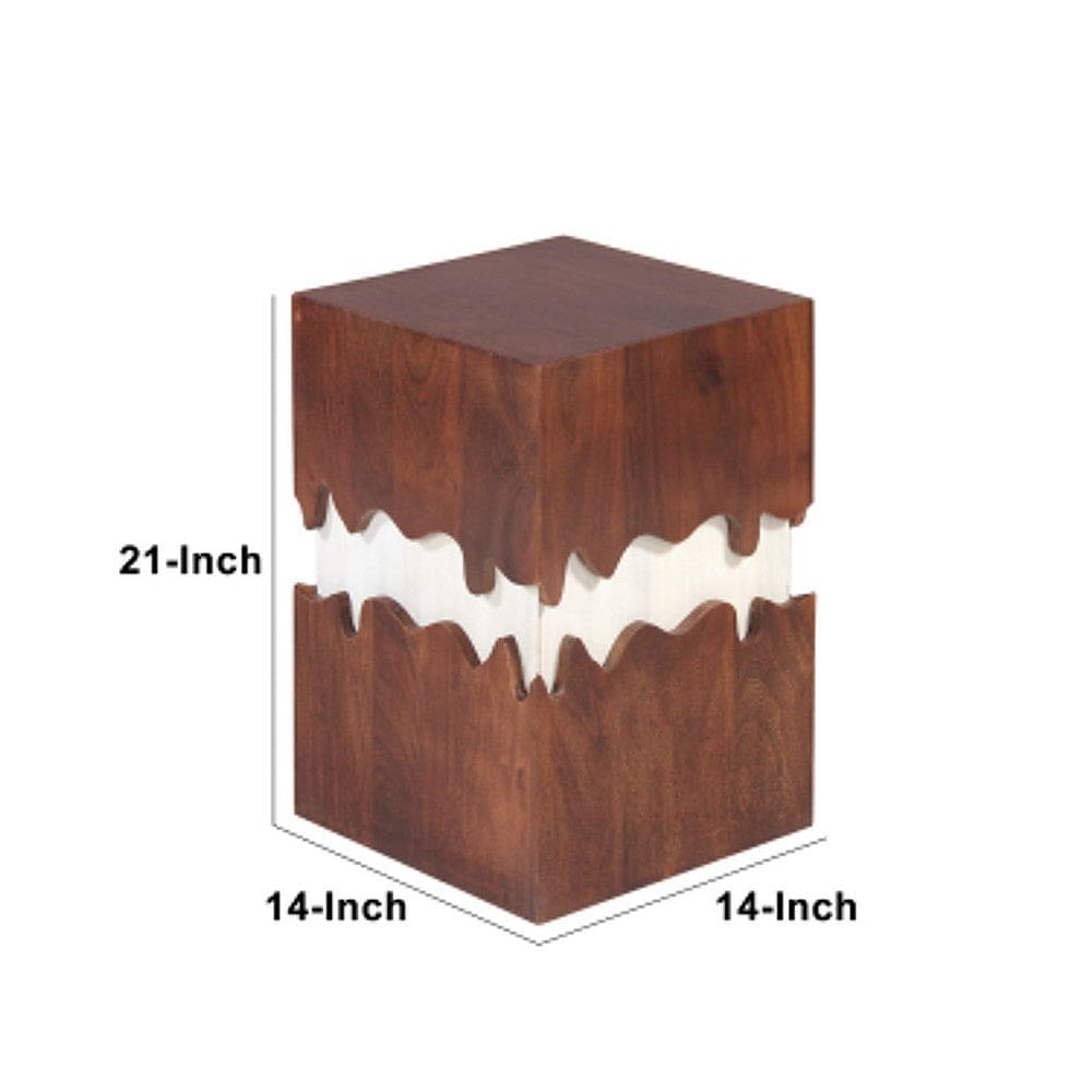 Allen 21 Inch Wooden End Table with Square Top and Dripping Abstract Design Brown and Off White By The Urban Port UPT-270550