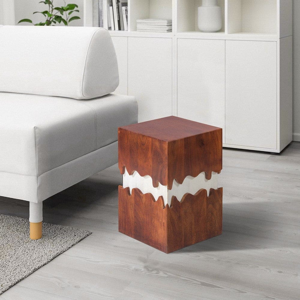 Allen 21 Inch Wooden End Table with Square Top and Dripping Abstract Design Brown and Off White By The Urban Port UPT-270550