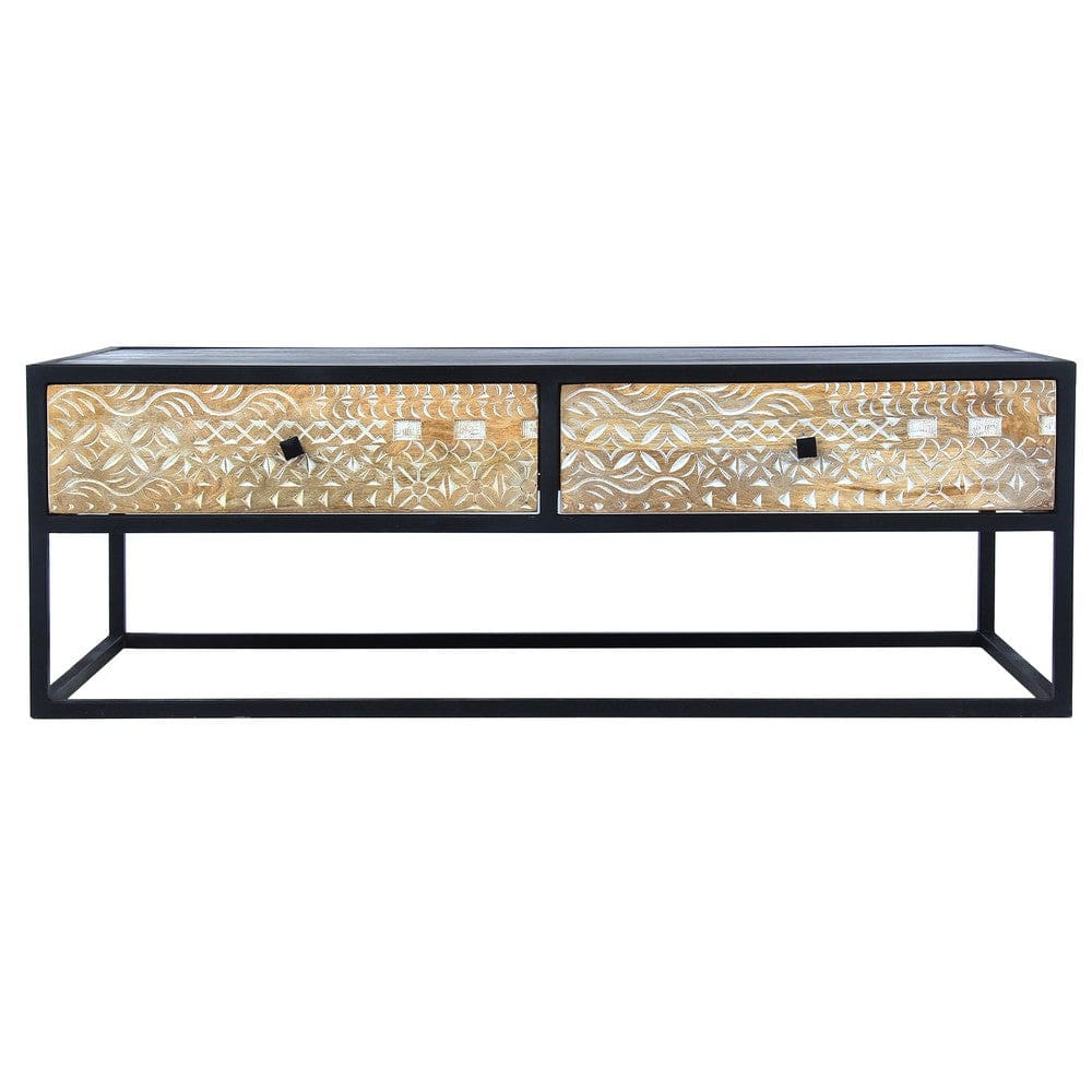 45 Inch Carson Rectangular Mango Wood Coffee Table with Metal Frame and 2 Drawers Brown and Black By The Urban Port UPT-270555