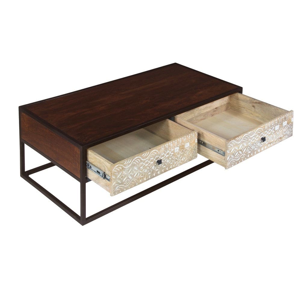 45 Inch Carson Rectangular Mango Wood Coffee Table with Metal Frame and 2 Drawers Brown and Black By The Urban Port UPT-270555