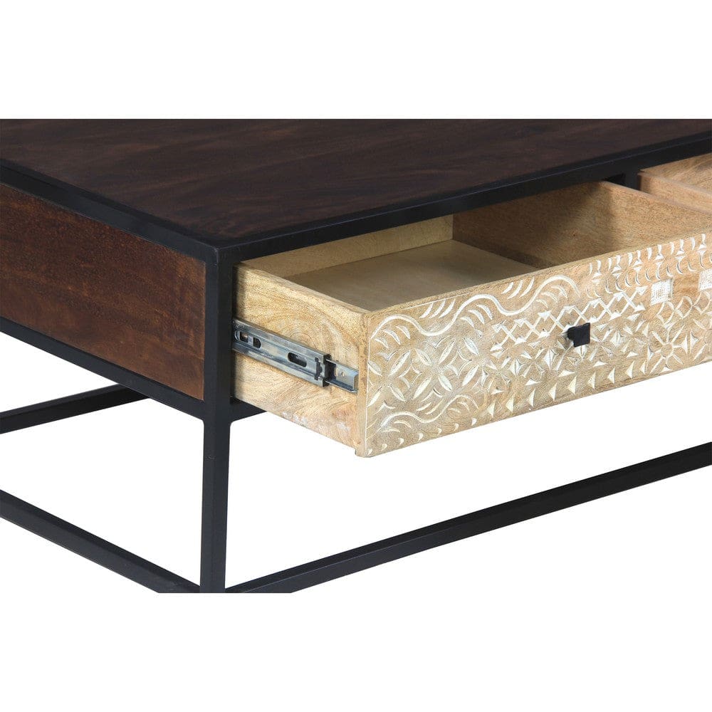 45 Inch Carson Rectangular Mango Wood Coffee Table with Metal Frame and 2 Drawers Brown and Black By The Urban Port UPT-270555