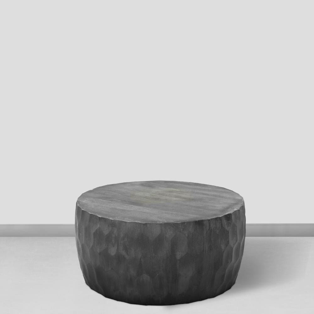 33 Inch Wooden Round Drum Coffee Table with Geometric Carved Pattern Gray By The Urban Port UPT-270557