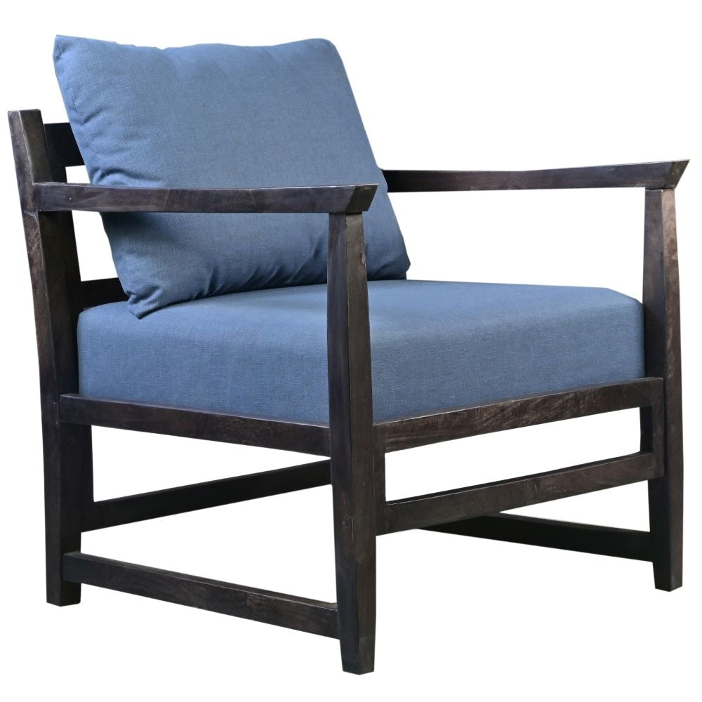 Malibu 27 Inch Handcrafted Mango Wood Accent Chair Fabric Pillow Back Open Frame Blue Black By The Urban Port UPT-270563