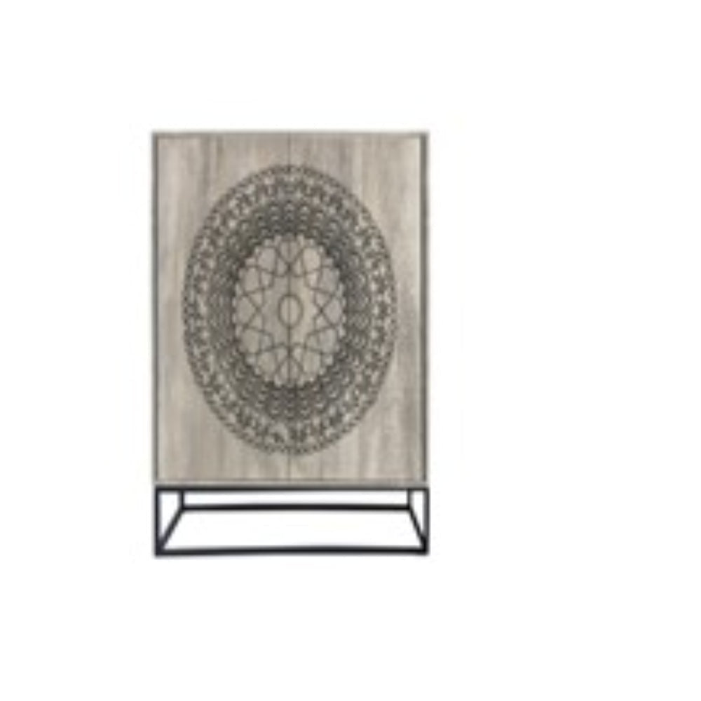 39 Inch Handcrafted Accent Cabinet with 2 Doors Medallion Engraved Sandblasted Gray Mango Wood Black Iron Framed Stand By The Urban Port