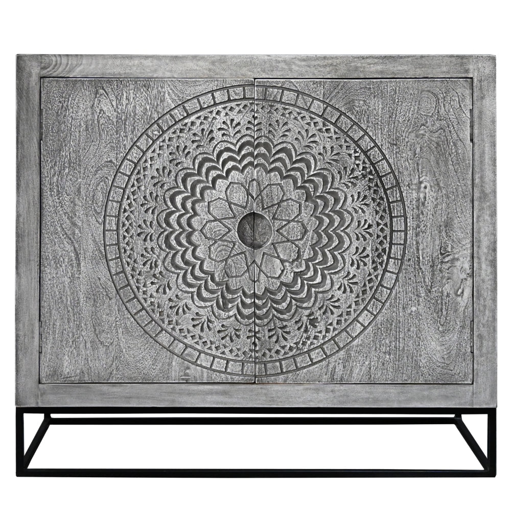 39 Inch Handcrafted Accent Cabinet with 2 Doors Medallion Engraved Sandblasted Gray Mango Wood Black Iron Framed Stand By The Urban Port