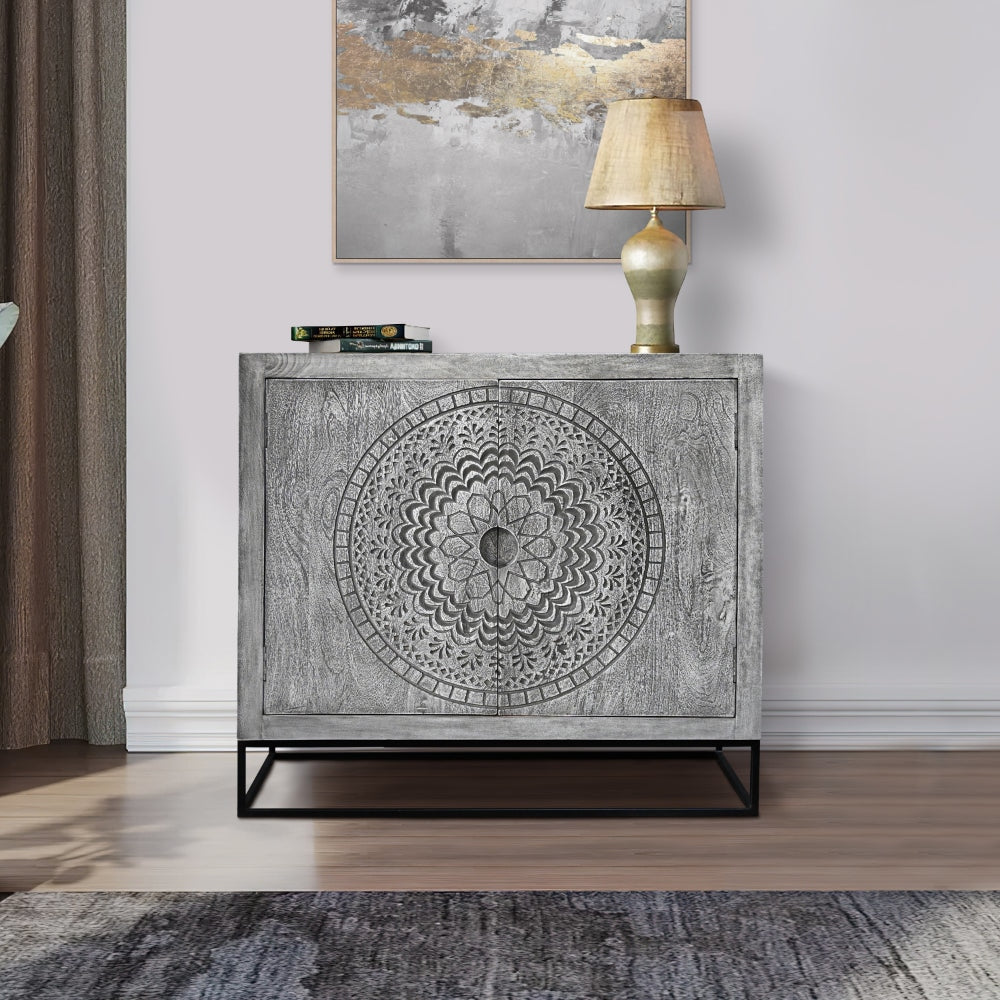 39 Inch Handcrafted Accent Cabinet with 2 Doors Medallion Engraved Sandblasted Gray Mango Wood Black Iron Framed Stand By The Urban Port