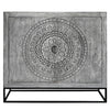 39 Inch Handcrafted Accent Cabinet with 2 Doors Medallion Engraved Sandblasted Gray Mango Wood Black Iron Framed Stand By The Urban Port