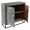 39 Inch Handcrafted Accent Cabinet with 2 Doors Medallion Engraved Sandblasted Gray Mango Wood Black Iron Framed Stand By The Urban Port