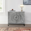 Zera 39 Inch Handcrafted Accent Cabinet with 2 Doors, Medallion Engraved, Sandblasted Gray Mango Wood, Black Iron Framed StandBy The Urban Port