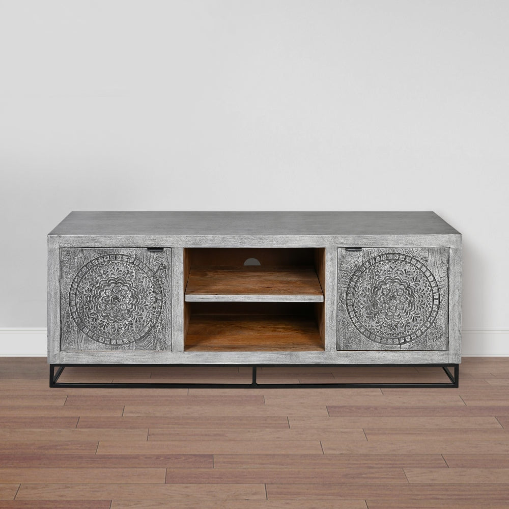 63 Inch Handcrafted TV Media Entertainment Console 2 Medallion Engraved Doors Sandblasted Gray Mango Wood Black Iron Stand By The Urban Port