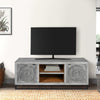 63 Inch Handcrafted TV Media Entertainment Console 2 Medallion Engraved Doors Sandblasted Gray Mango Wood Black Iron Stand By The Urban Port