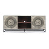 63 Inch Handcrafted TV Media Entertainment Console 2 Medallion Engraved Doors Sandblasted Gray Mango Wood Black Iron Stand By The Urban Port