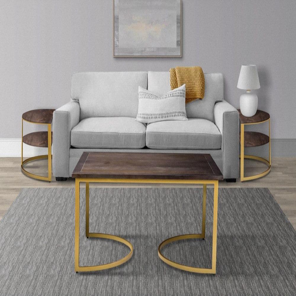 38 Inch Rectangle Nesting Coffee Table - 3 pcs set, Dark Brown Wood, Gold Finish Metal By The Urban Port