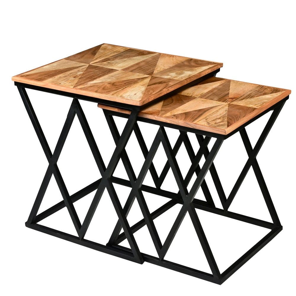 Madeline 25 23 Inch Square 2 Piece Nesting End Table Set Wood Top Iron Frame Brown and Black By The Urban Port UPT-271298