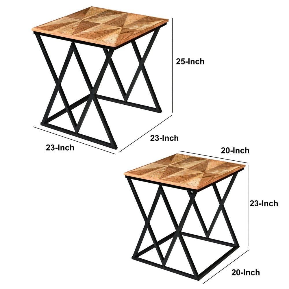 Madeline 25 23 Inch Square 2 Piece Nesting End Table Set Wood Top Iron Frame Brown and Black By The Urban Port UPT-271298