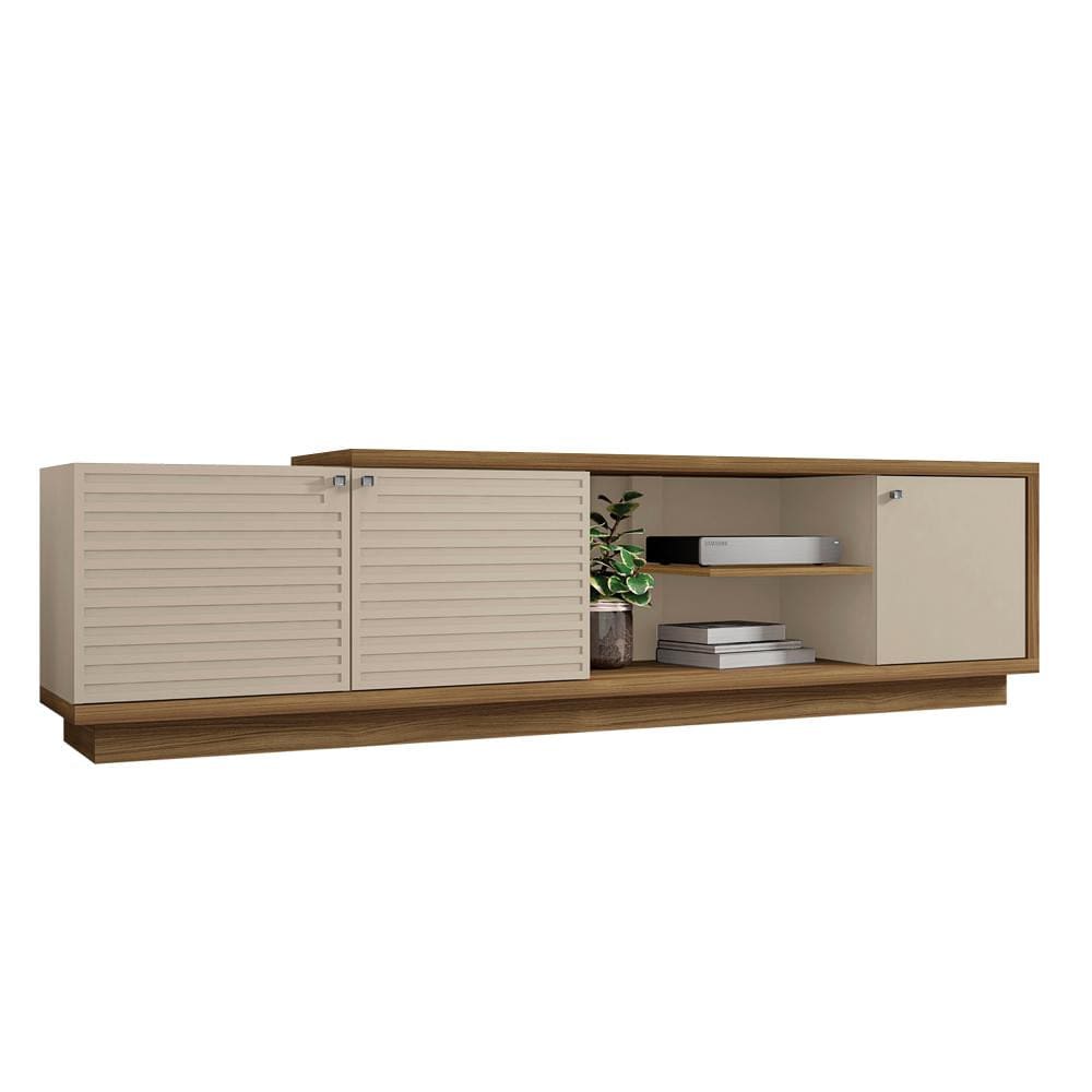 76.77 Inch Wooden TV Stand with 3 Doors and Grain Details Brown and Off White By The Urban Port UPT-271302