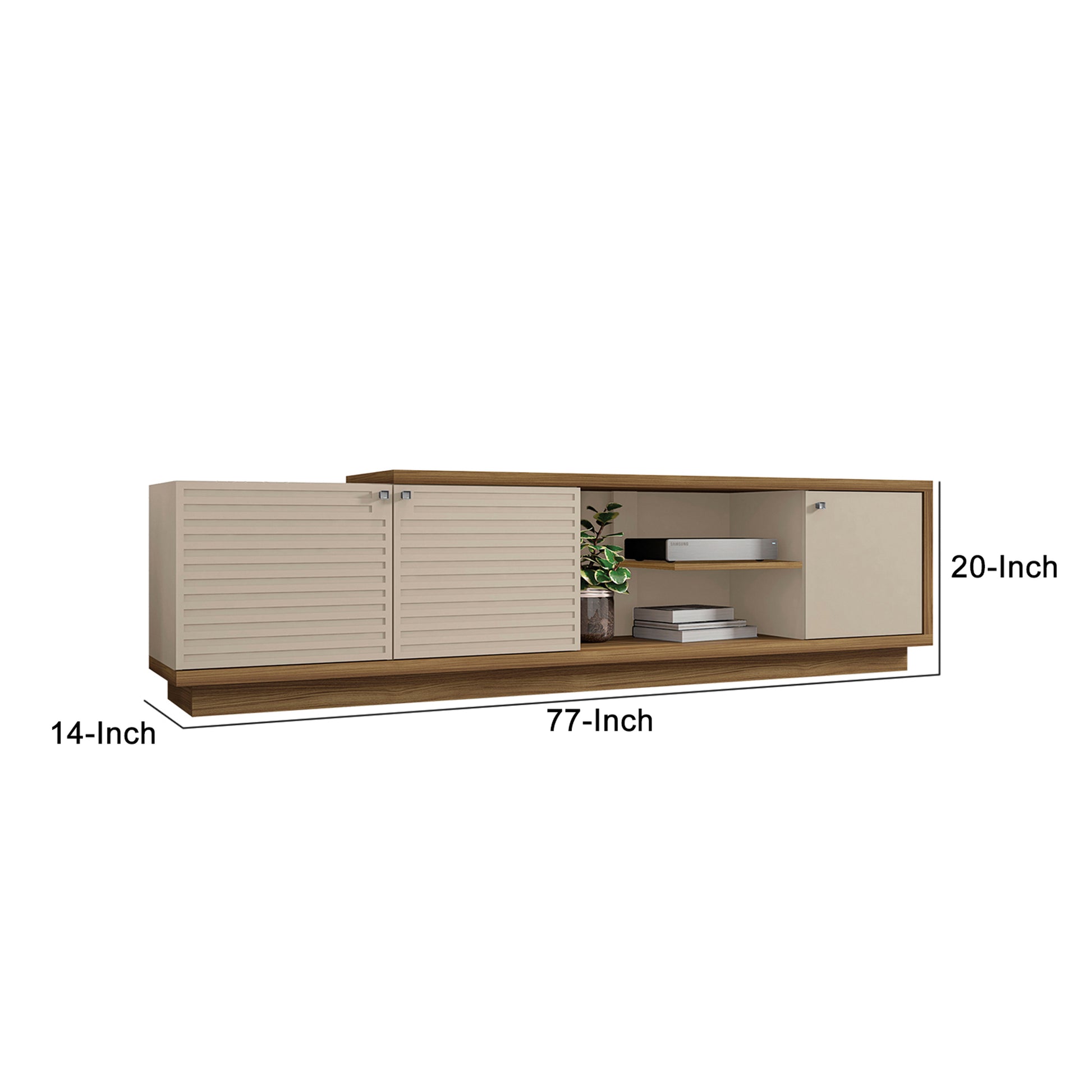 76.77 Inch Wooden TV Stand with 3 Doors and Grain Details Brown and Off White By The Urban Port UPT-271302